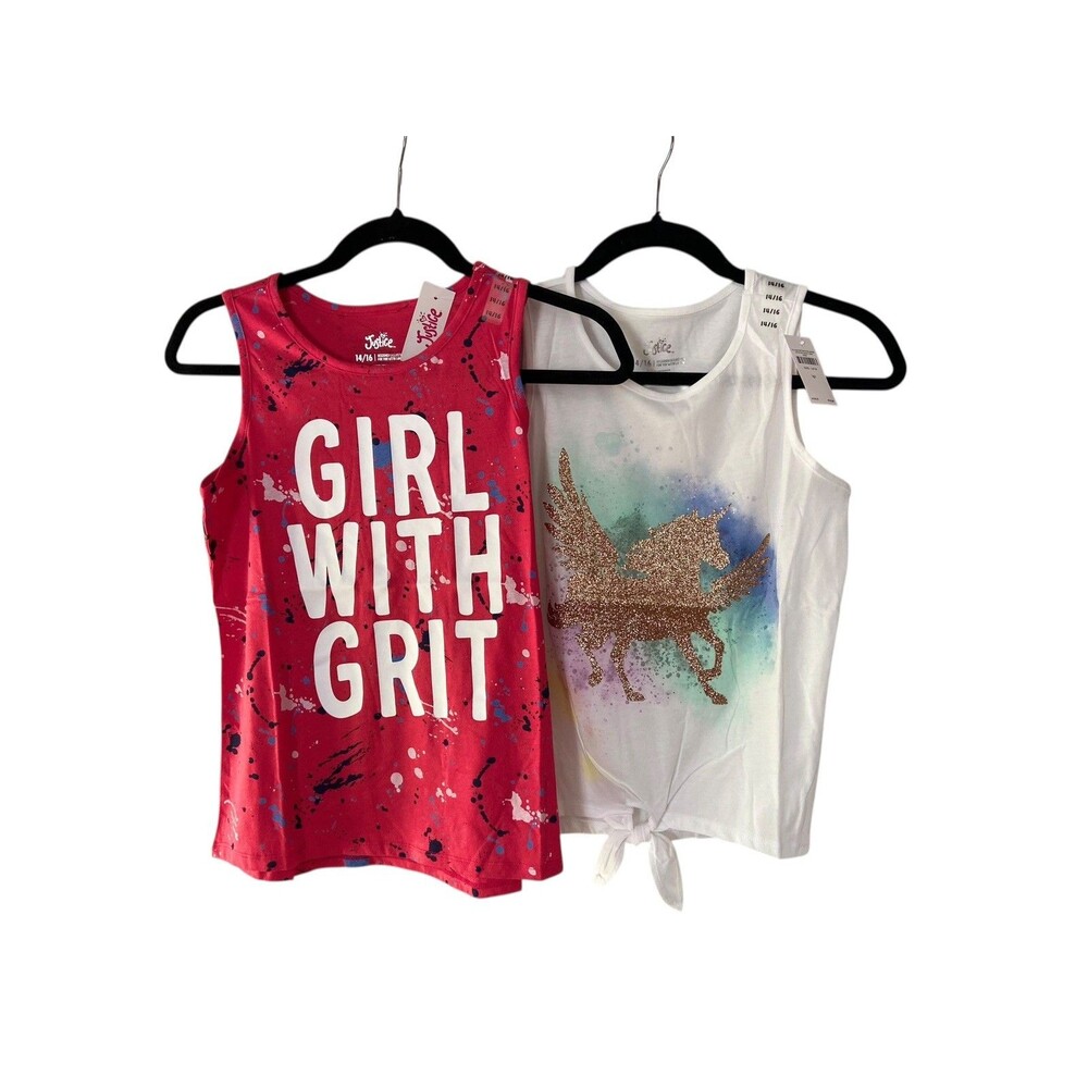 Justice Girls Lot of 2 Tank Tops size 14/16 Unicorn Glitter USA Americana Tween